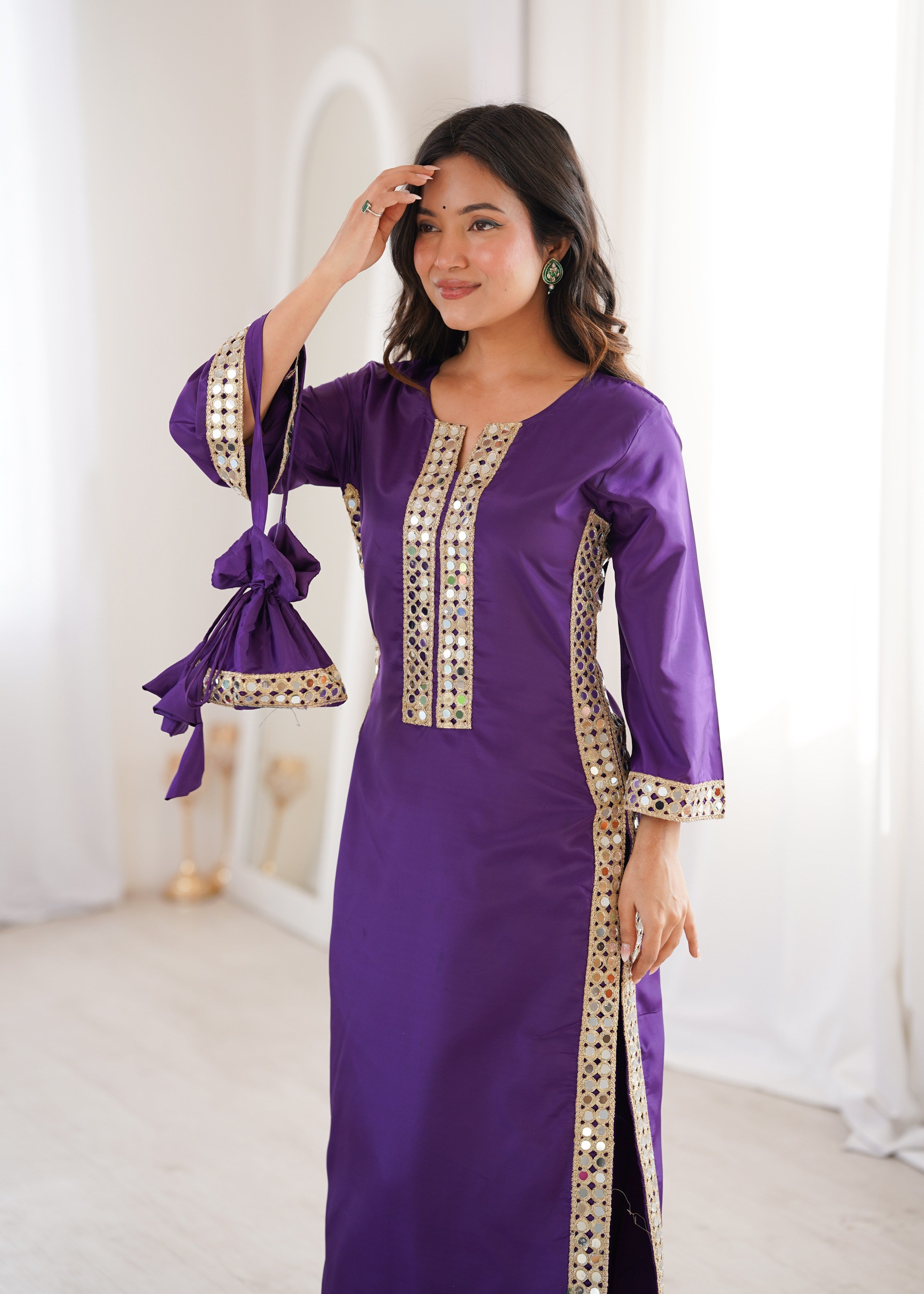 Jyoti Fashion Purple Natural Crepe Real Mirror Lace Work Designer Kurta Set with Batwa - Distacart