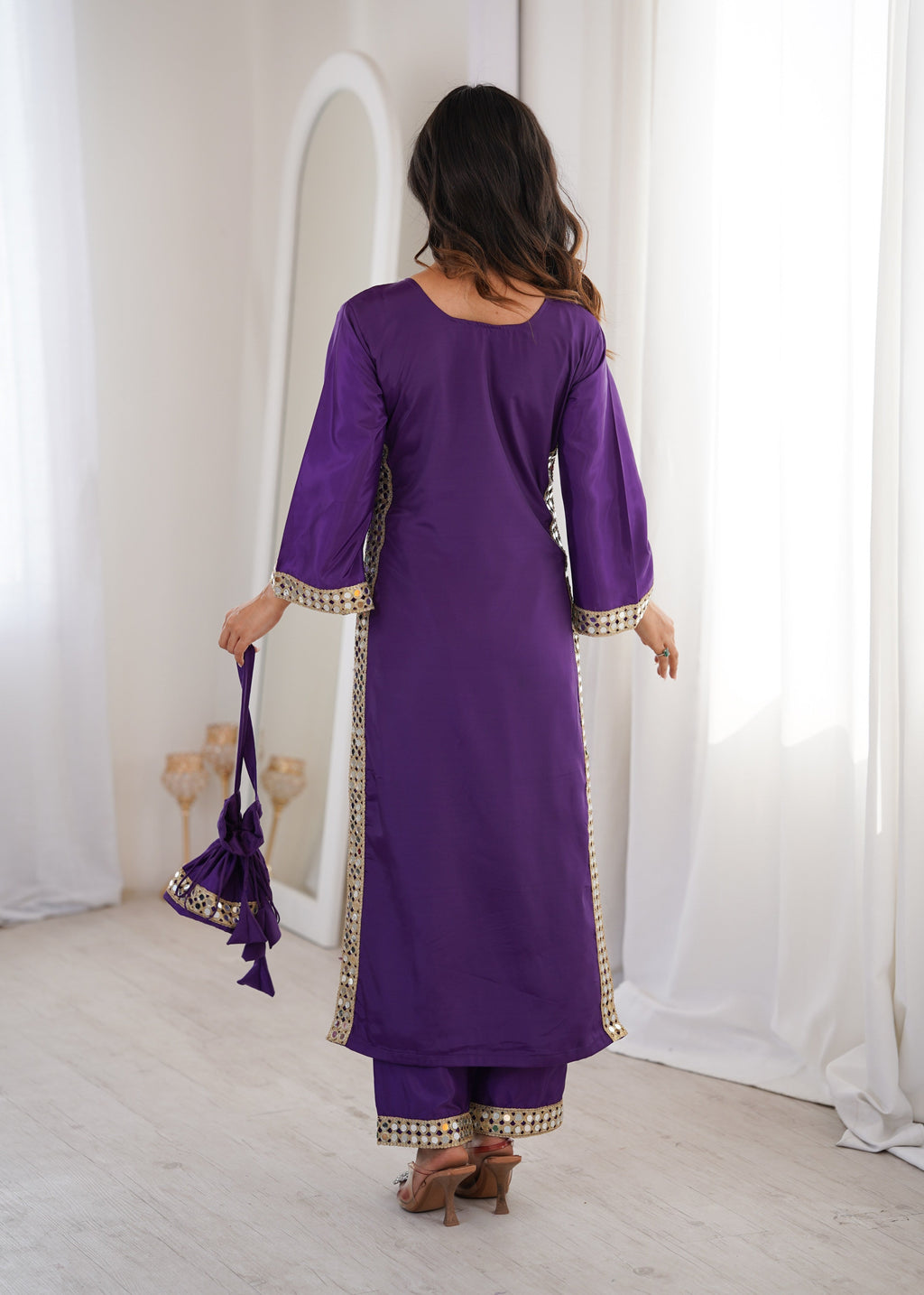 Jyoti Fashion Purple Natural Crepe Real Mirror Lace Work Designer Kurta Set with Batwa - Distacart