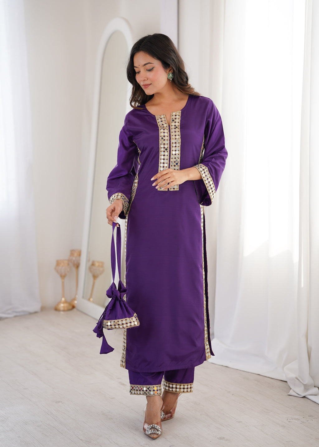Jyoti Fashion Purple Natural Crepe Real Mirror Lace Work Designer Kurta Set with Batwa - Distacart