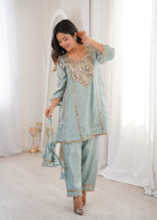 Jyoti Fashion Sky Blue HO Silk Embroidered Designer Kurta Set with Batwa - Distacart