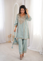 Jyoti Fashion Sky Blue HO Silk Embroidered Designer Kurta Set with Batwa - Distacart