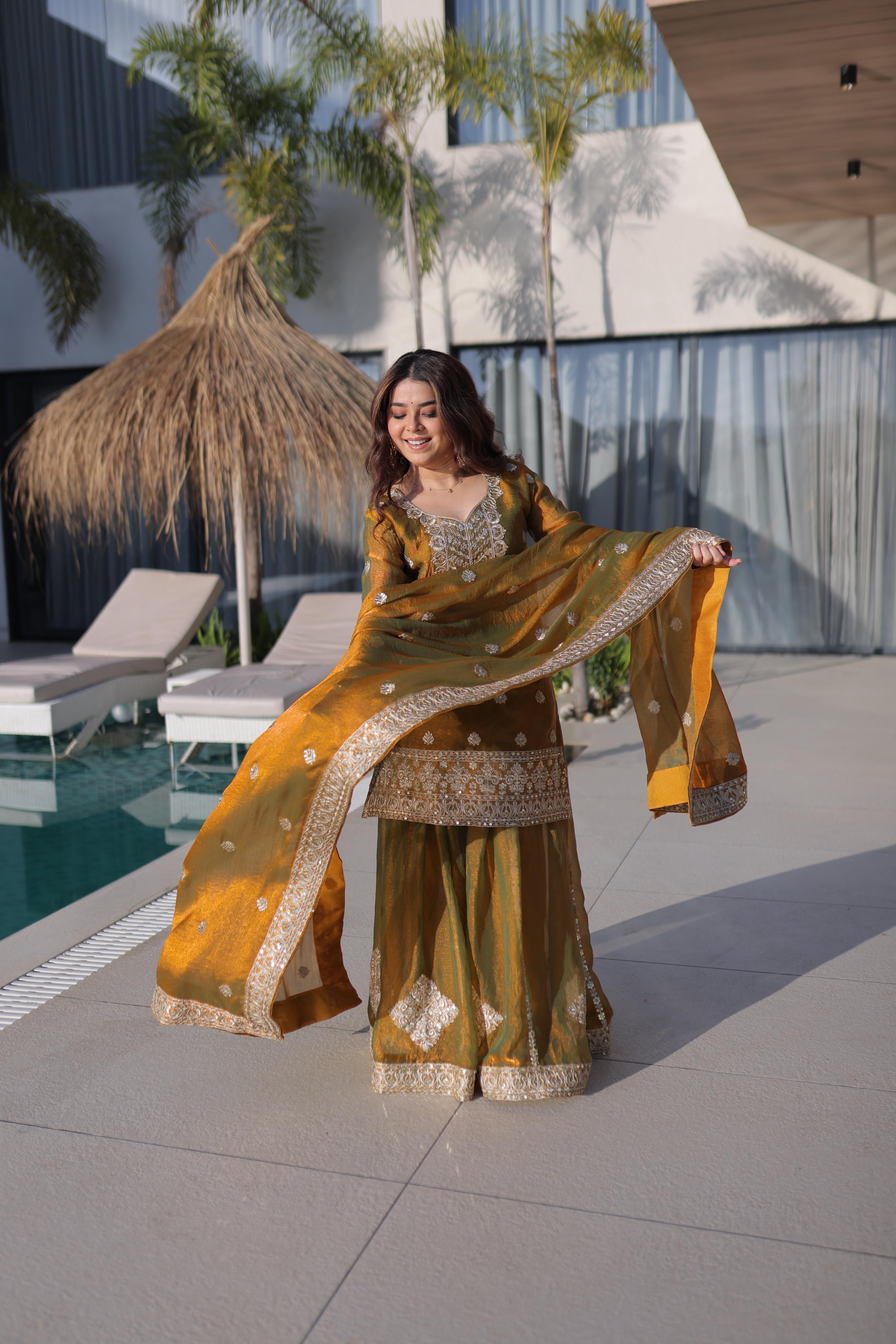 Jyoti Fashion Mustard Fendy Chiffon Embroidered Designer Sharara & Sets - Distacart
