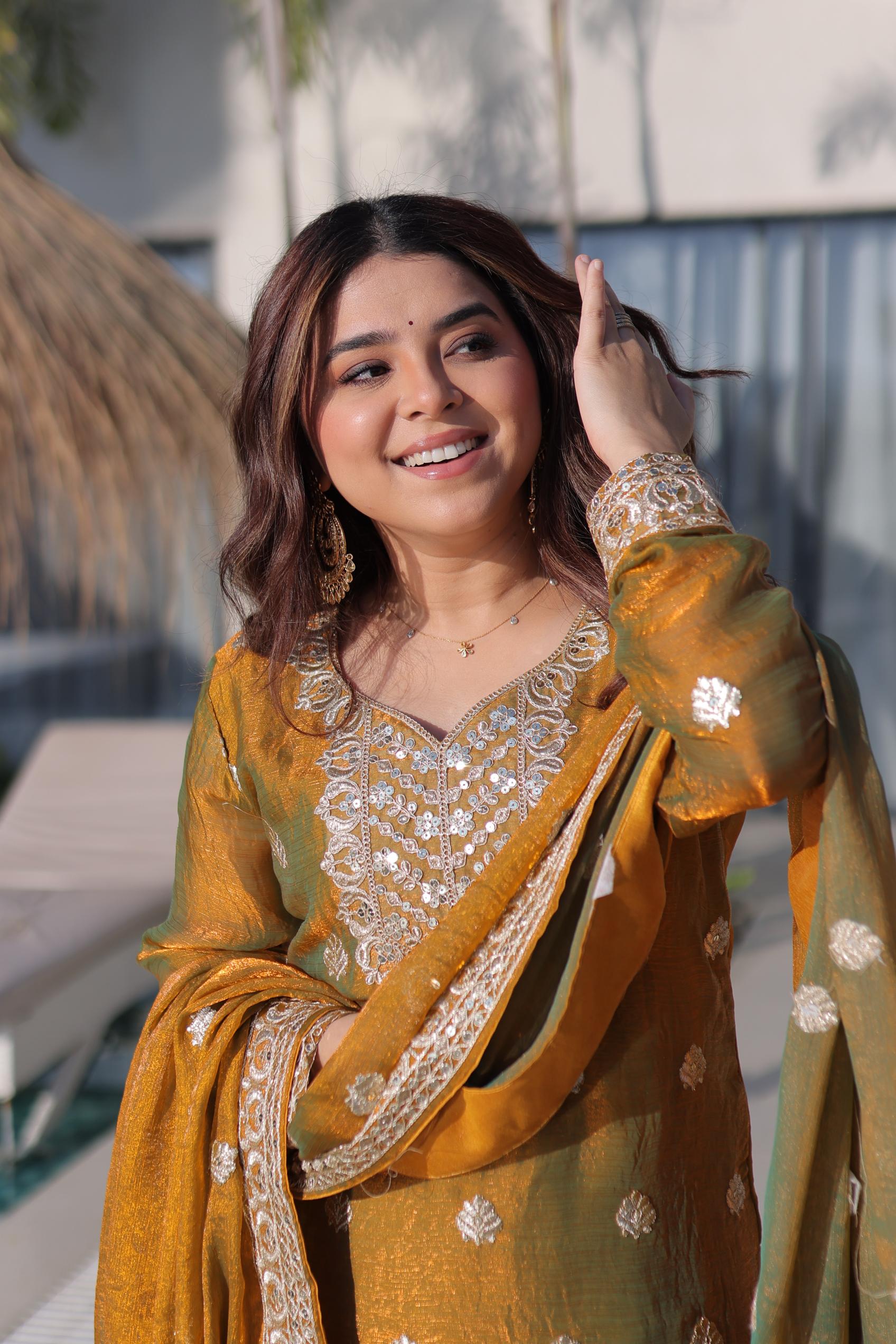 Jyoti Fashion Mustard Fendy Chiffon Embroidered Designer Sharara & Sets - Distacart