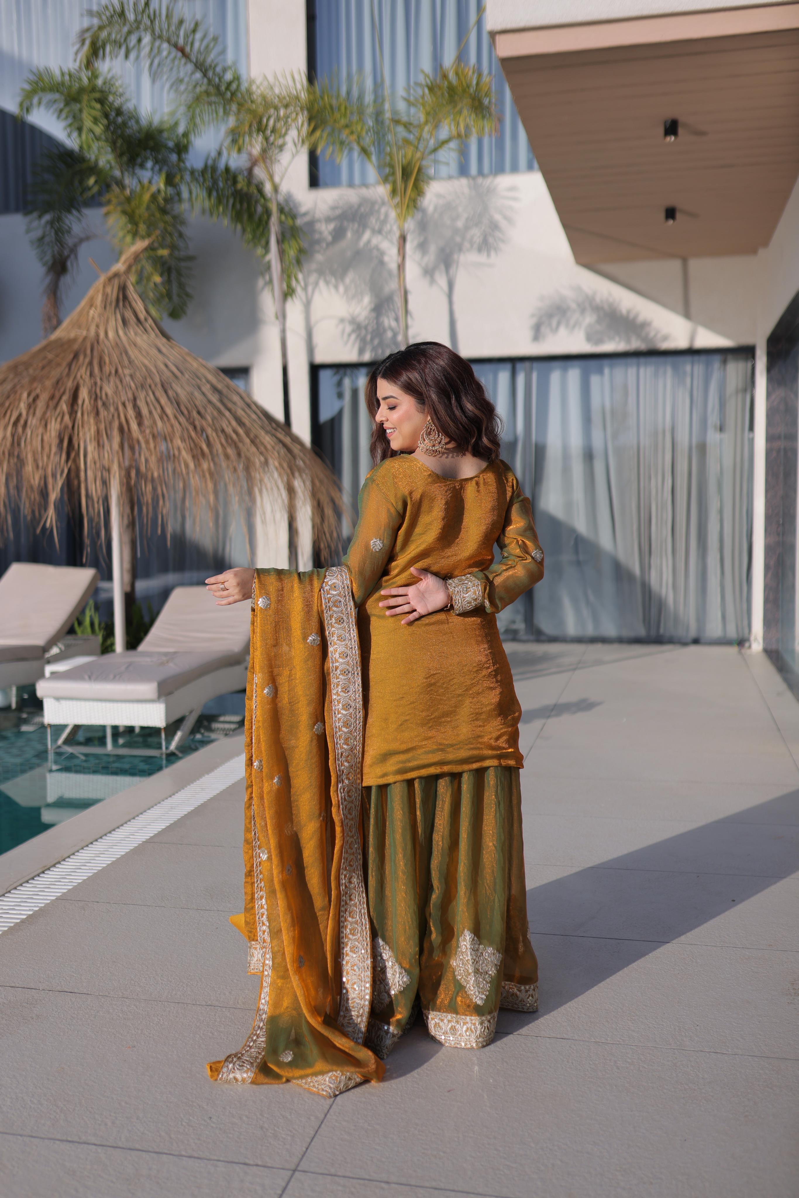 Jyoti Fashion Mustard Fendy Chiffon Embroidered Designer Sharara & Sets - Distacart