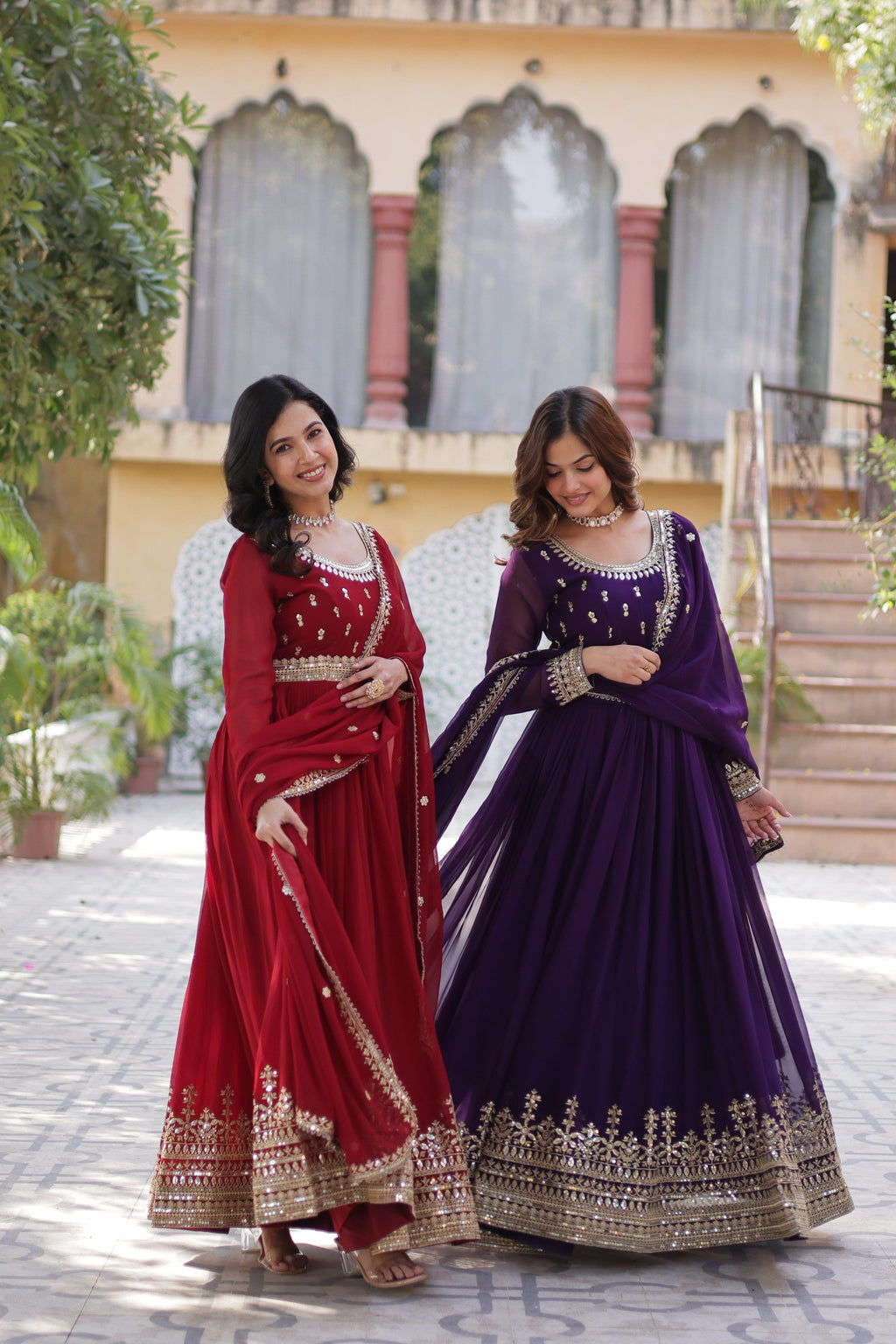 Jyoti Fashion Maroon & Purple Faux Blooming Embroidered Combo Anarkali Set With Dupatta