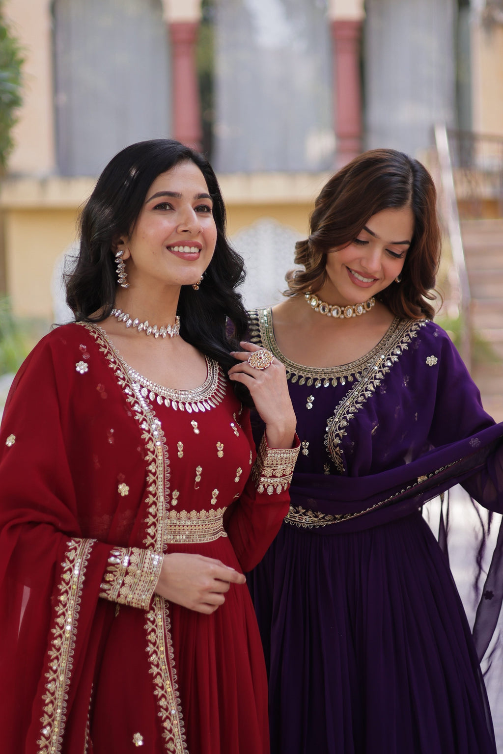 Jyoti Fashion Maroon & Purple Faux Blooming Embroidered Combo Anarkali Set With Dupatta