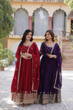 Jyoti Fashion Maroon & Purple Faux Blooming Embroidered Combo Anarkali Set With Dupatta