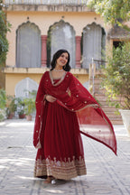 Jyoti Fashion Maroon Faux Blooming Embroidered Anarkali Set With Dupatta