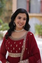 Jyoti Fashion Maroon Faux Blooming Embroidered Anarkali Set With Dupatta