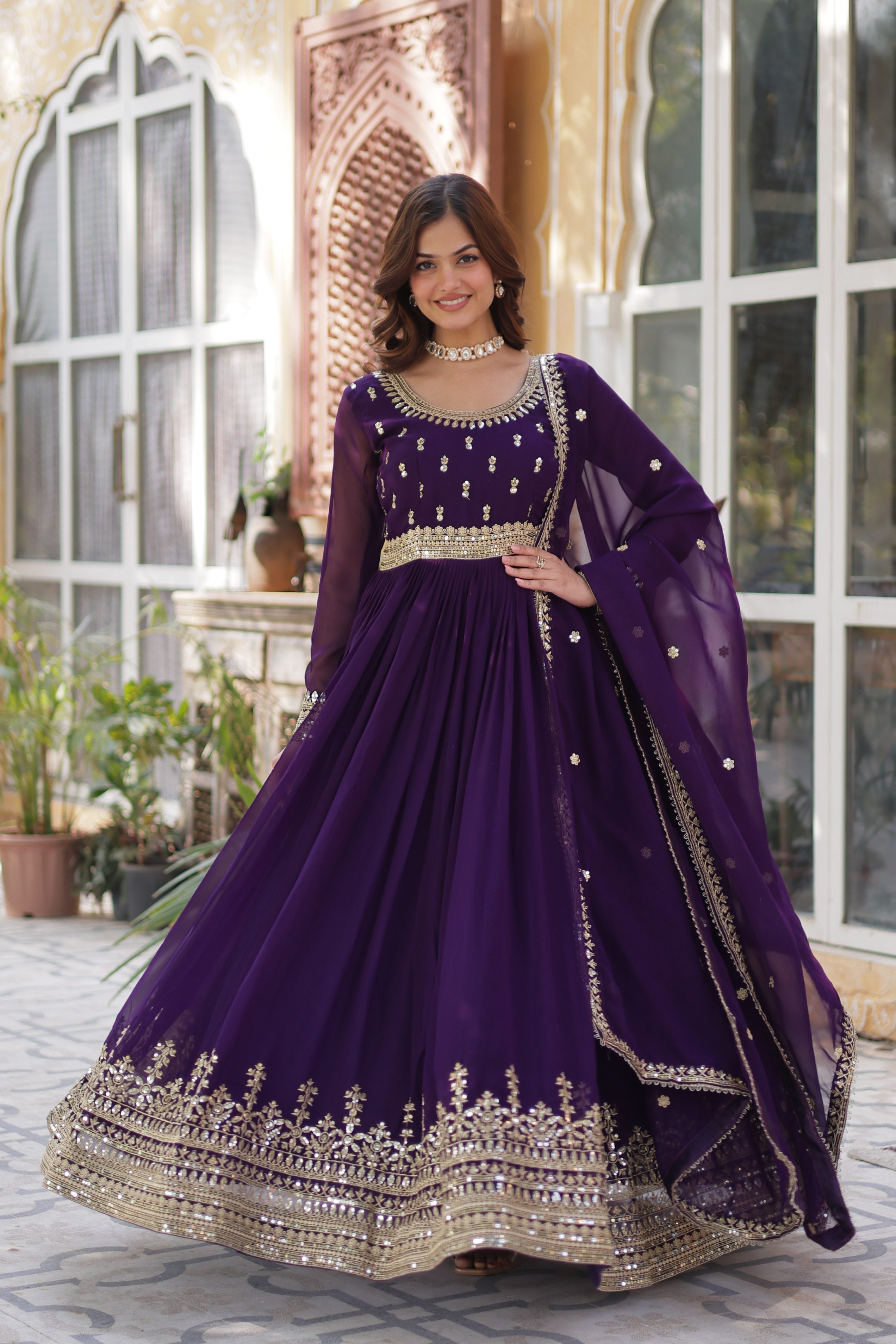 Jyoti Fashion Purple Faux Blooming Embroidered Anarkali Set With Dupatta