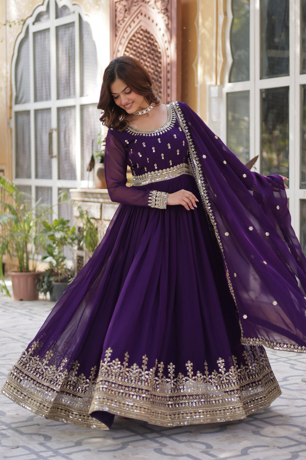 Jyoti Fashion Purple Faux Blooming Embroidered Anarkali Set With Dupatta