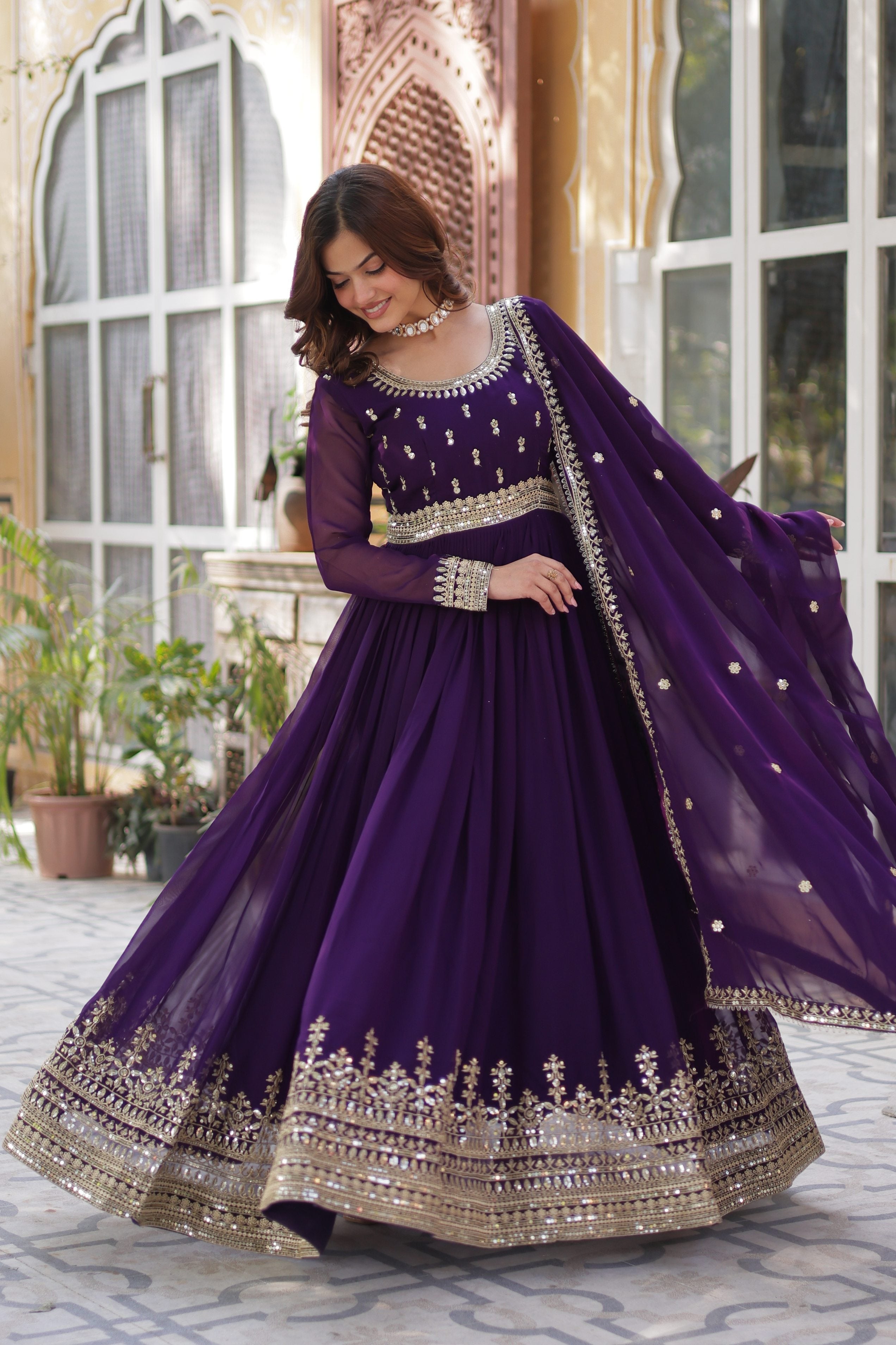 Jyoti Fashion Purple Faux Blooming Embroidered Anarkali Set With Dupatta