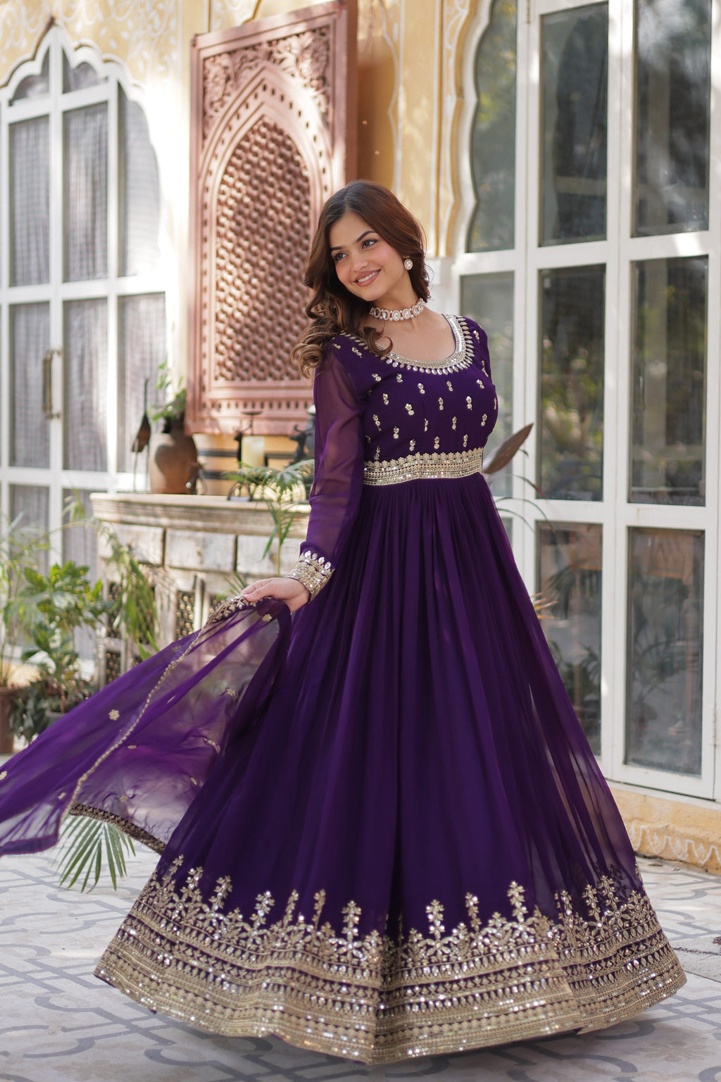 Jyoti Fashion Purple Faux Blooming Embroidered Anarkali Set With Dupatta