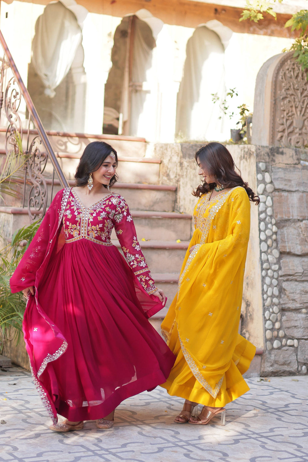 Jyoti Fashion Pink & Yellow Faux Blooming Embroidered Anarkali Set With Dupatta
