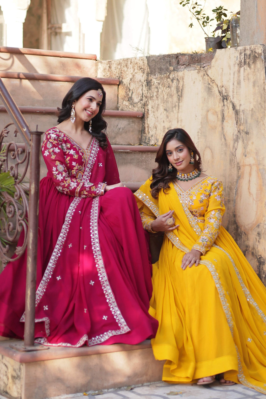 Jyoti Fashion Pink & Yellow Faux Blooming Embroidered Anarkali Set With Dupatta