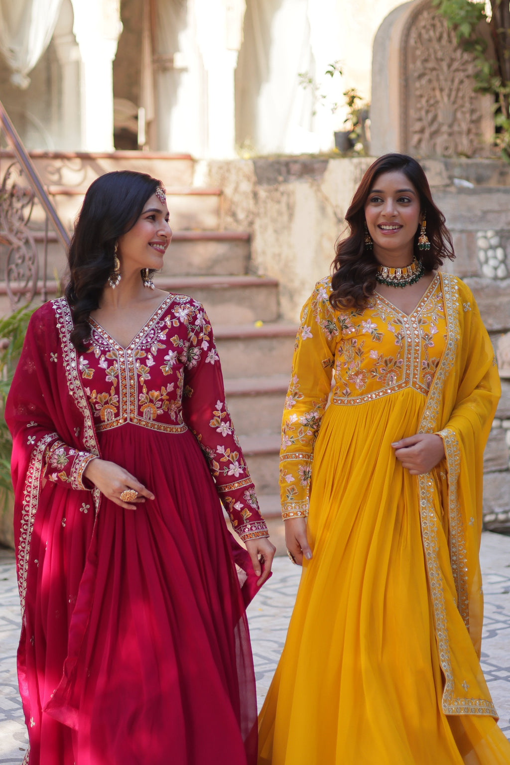 Jyoti Fashion Pink & Yellow Faux Blooming Embroidered Anarkali Set With Dupatta