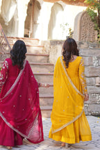Jyoti Fashion Pink & Yellow Faux Blooming Embroidered Anarkali Set With Dupatta