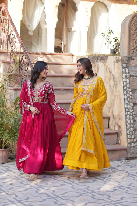 Jyoti Fashion Pink & Yellow Faux Blooming Embroidered Anarkali Set With Dupatta