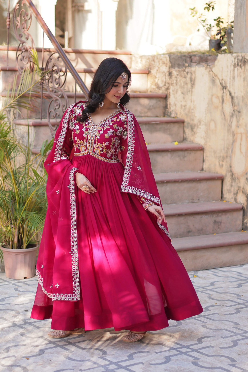 Jyoti Fashion Pink Faux Blooming Embroidered Anarkali Set With Dupatta