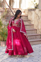 Jyoti Fashion Pink Faux Blooming Embroidered Anarkali Set With Dupatta