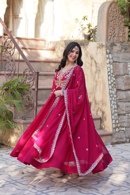 Jyoti Fashion Pink Faux Blooming Embroidered Anarkali Set With Dupatta