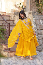 Jyoti Fashion Yellow Faux Blooming Embroidered Anarkali Set With Dupatta