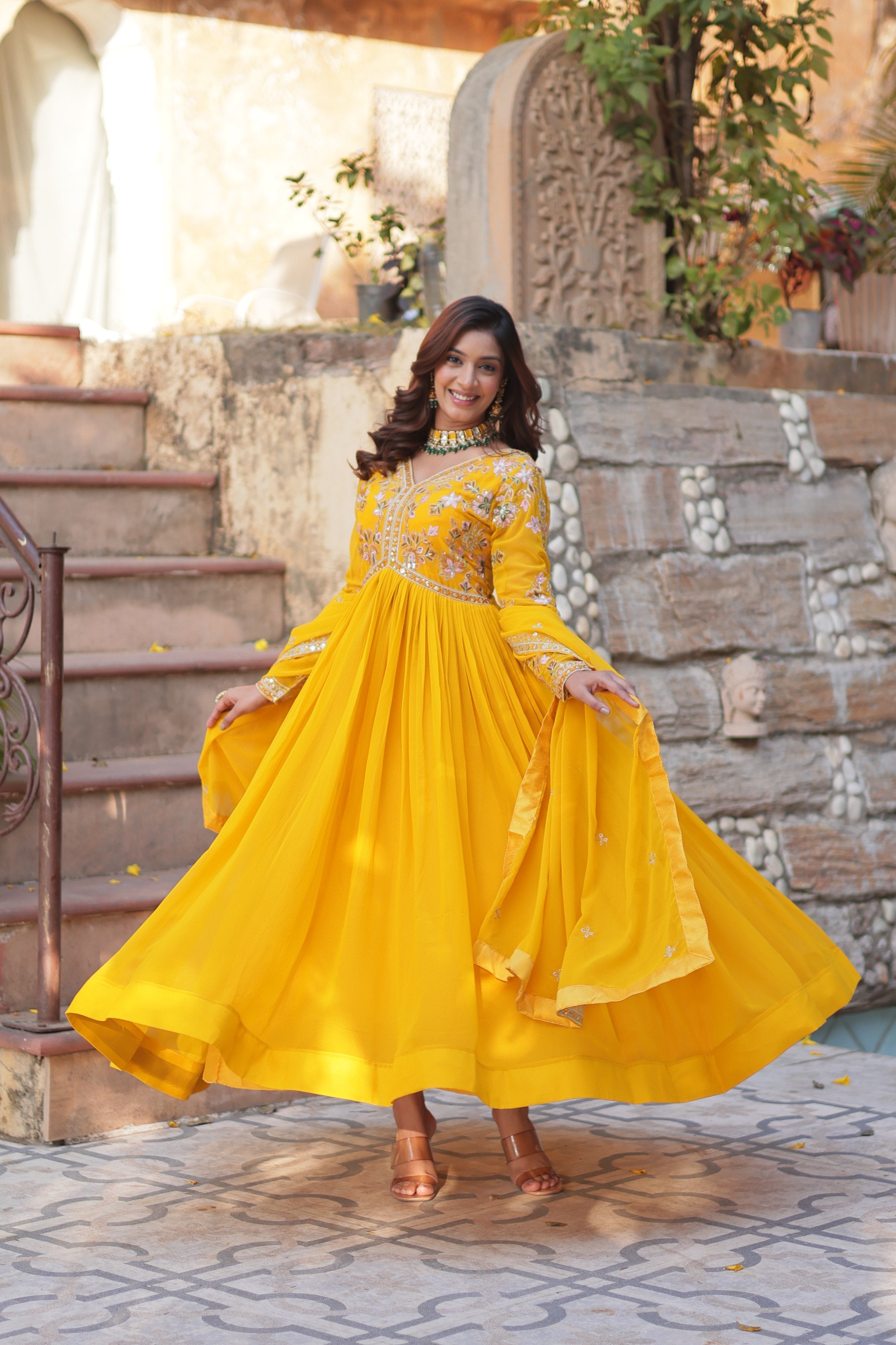 Jyoti Fashion Yellow Faux Blooming Embroidered Anarkali Set With Dupatta