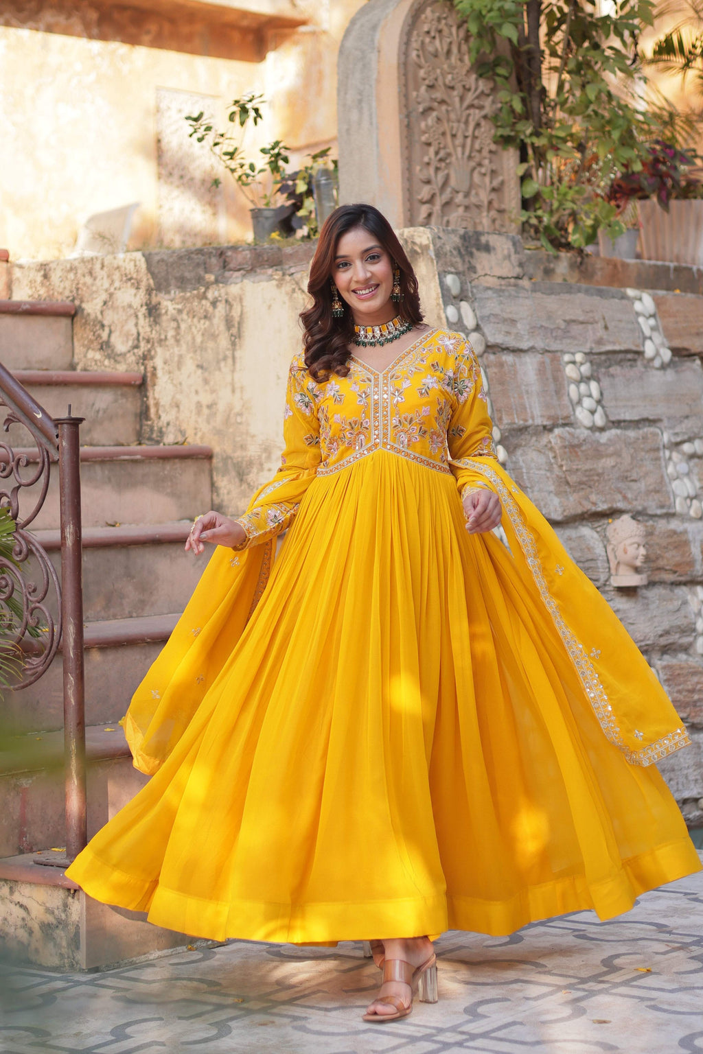 Jyoti Fashion Yellow Faux Blooming Embroidered Anarkali Set With Dupatta