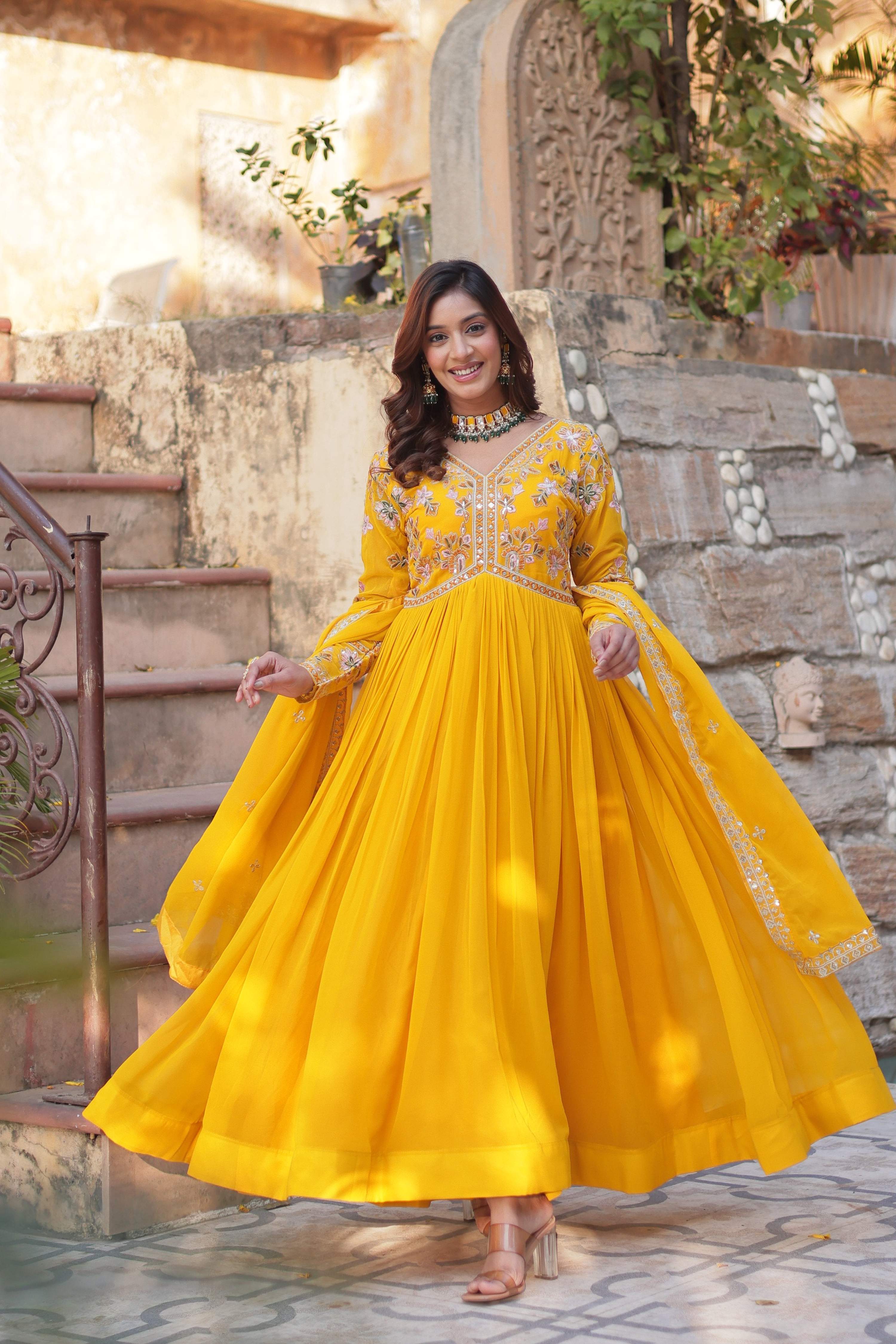 Jyoti Fashion Yellow Faux Blooming Embroidered Anarkali Set With Dupatta
