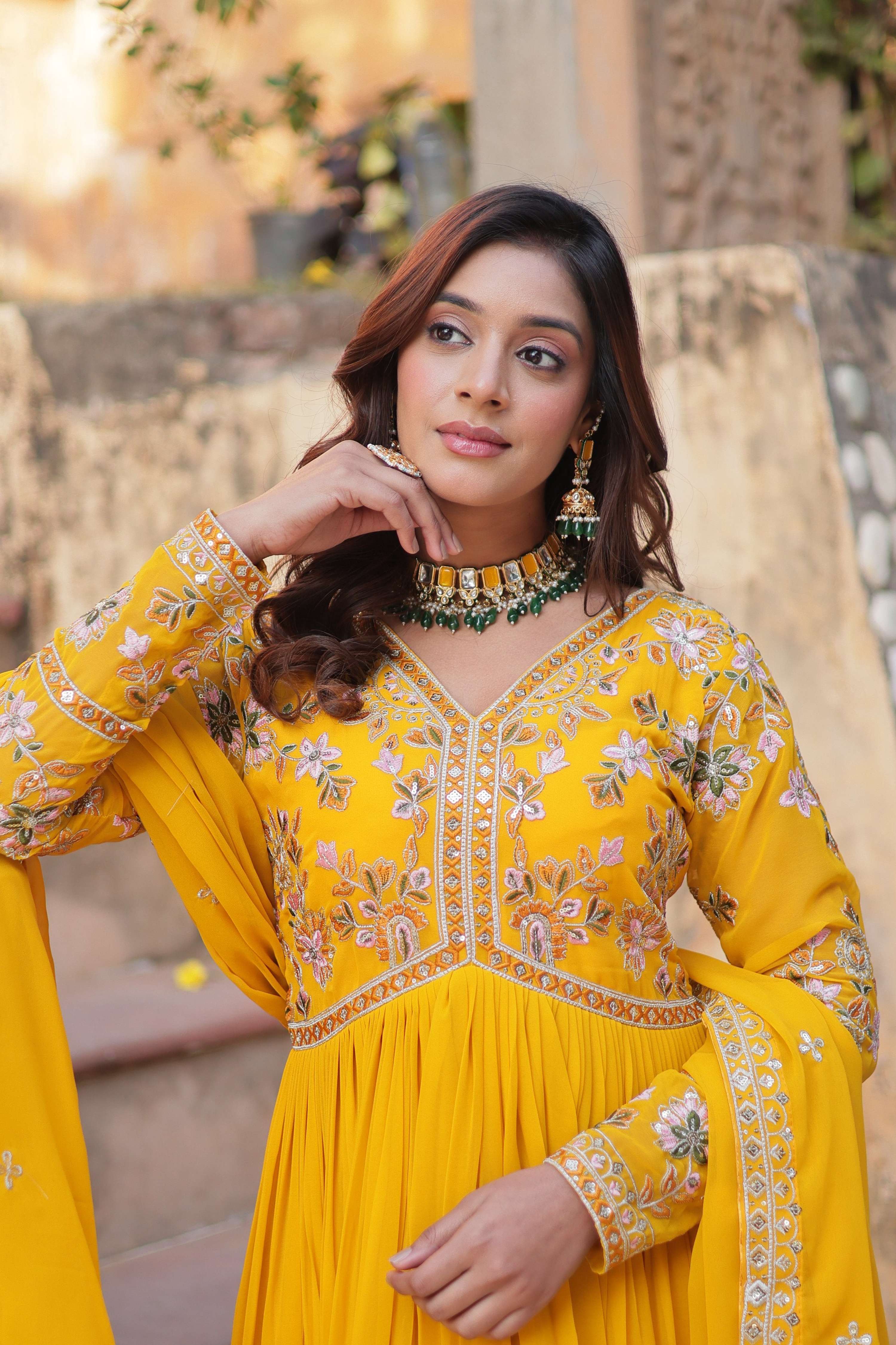 Jyoti Fashion Yellow Faux Blooming Embroidered Anarkali Set With Dupatta