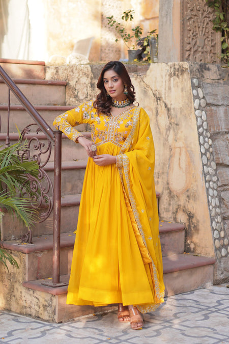 Jyoti Fashion Yellow Faux Blooming Embroidered Anarkali Set With Dupatta