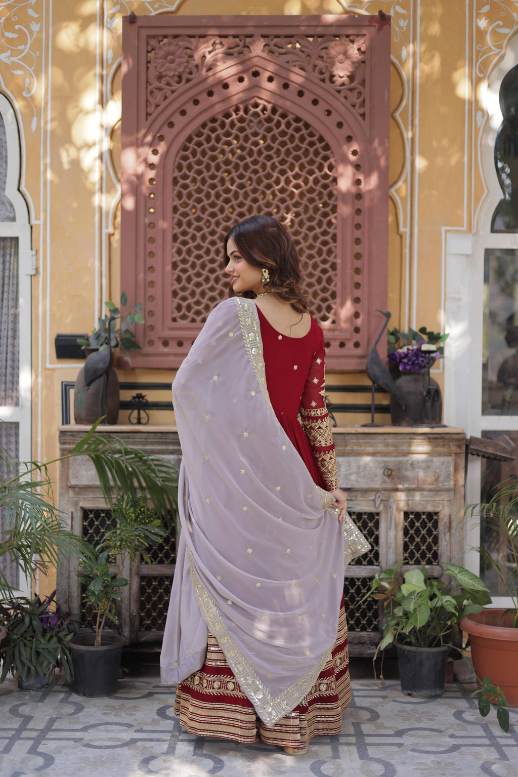 Jyoti Fashion Maroon Faux Blooming Embroidered Anarkali Set With Dupatta