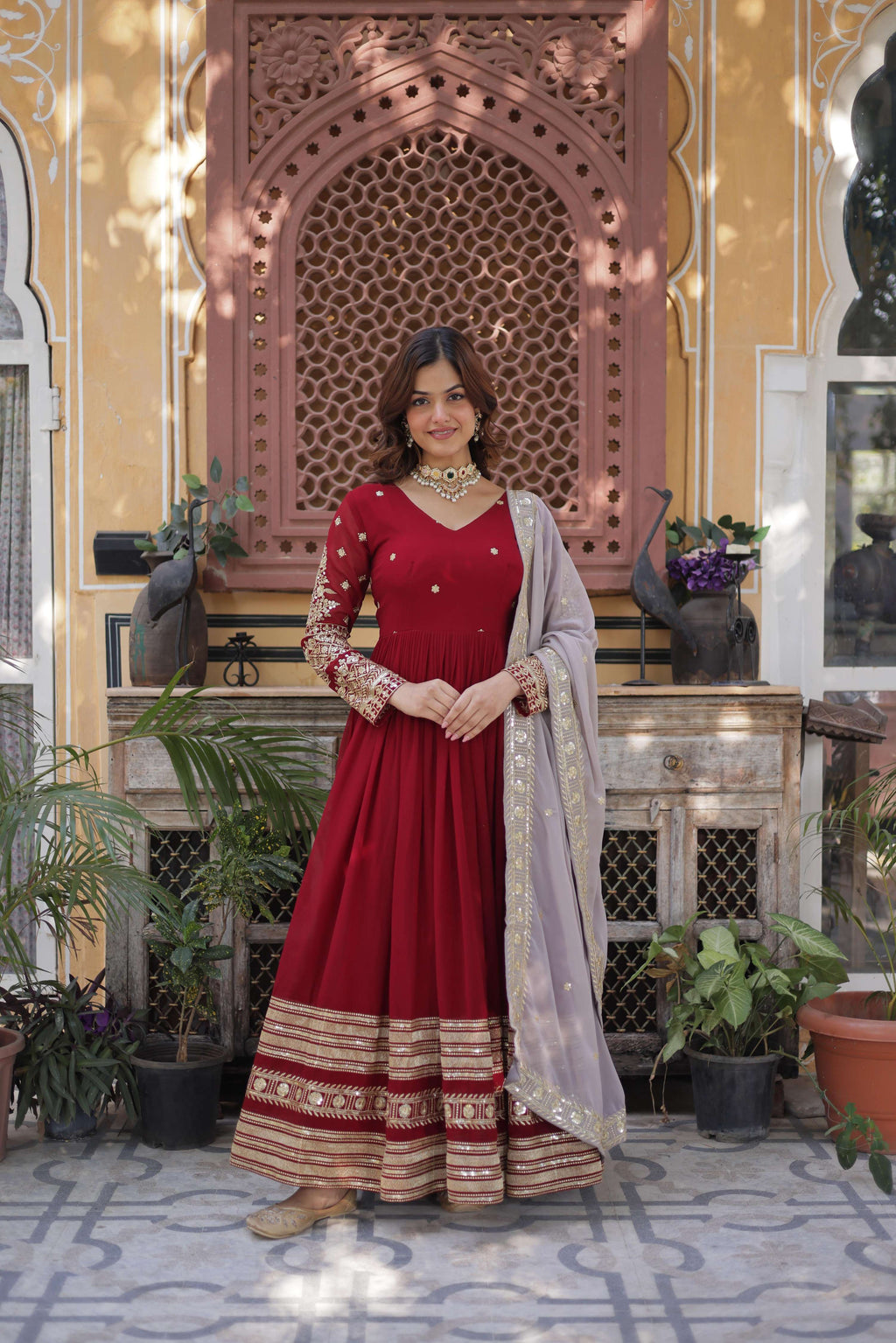 Jyoti Fashion Maroon Faux Blooming Embroidered Anarkali Set With Dupatta