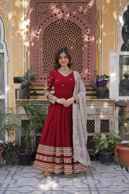 Jyoti Fashion Maroon Faux Blooming Embroidered Anarkali Set With Dupatta