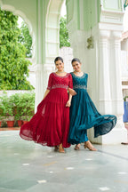 Jyoti Fashion Maroon & Rama Faux Blooming Beads Embroidered Anarkali Set