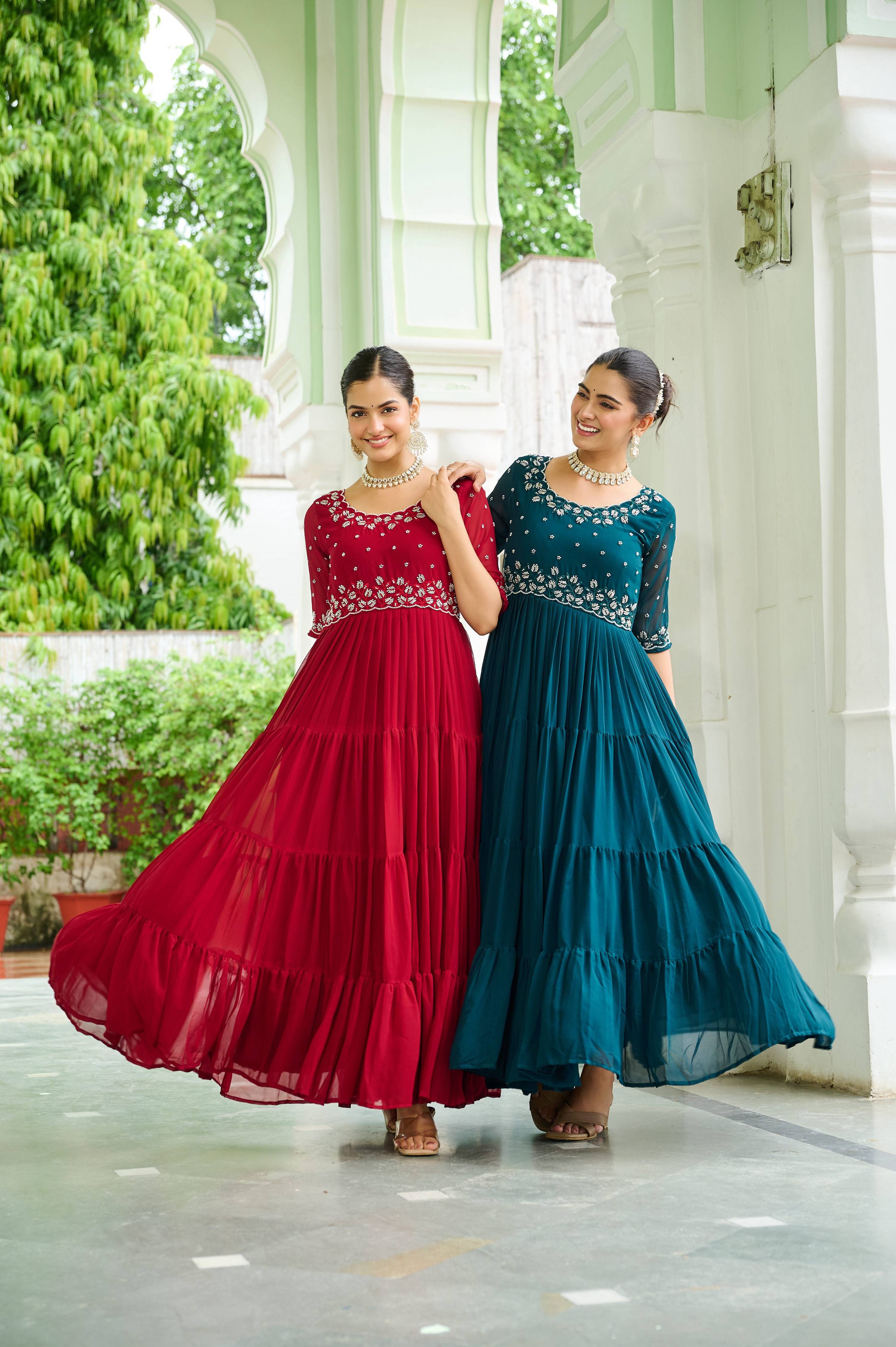Jyoti Fashion Maroon & Rama Faux Blooming Beads Embroidered Anarkali Set