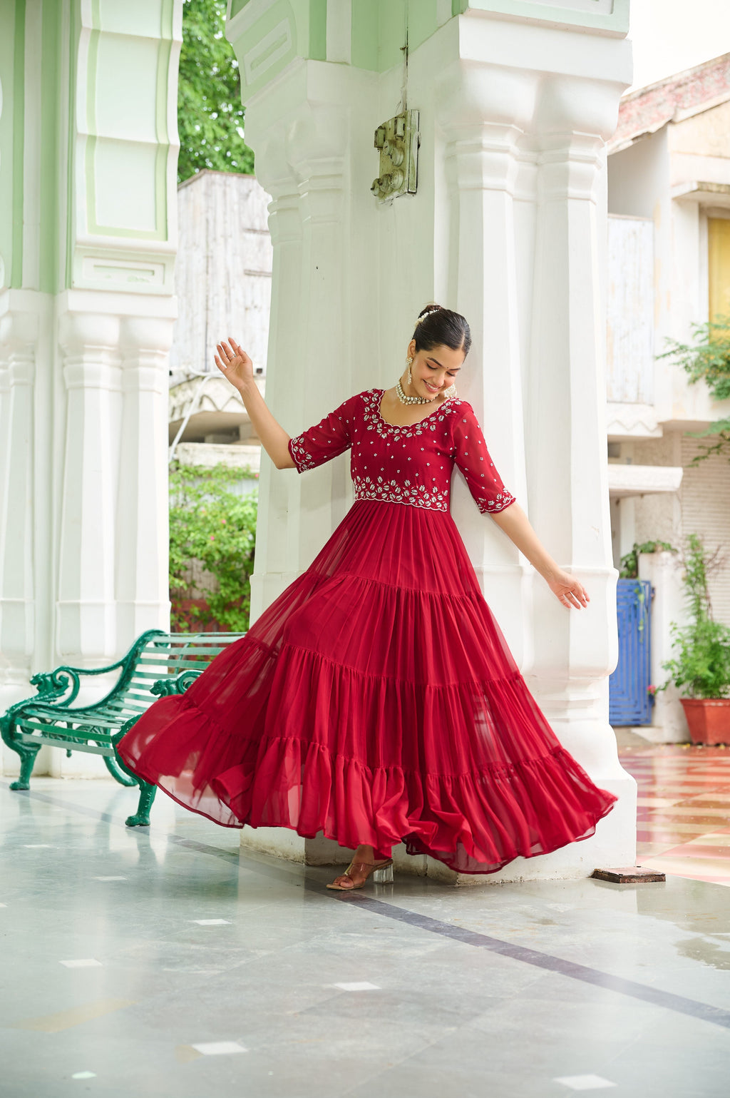 Jyoti Fashion Maroon Faux Blooming Beads Embroidered Anarkali Set