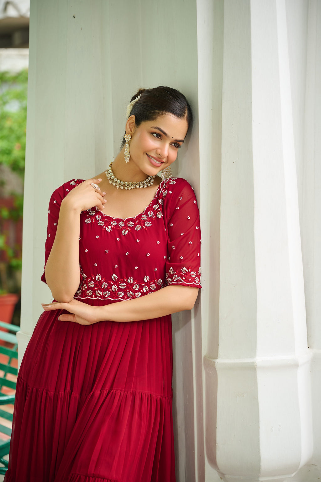Jyoti Fashion Maroon Faux Blooming Beads Embroidered Anarkali Set