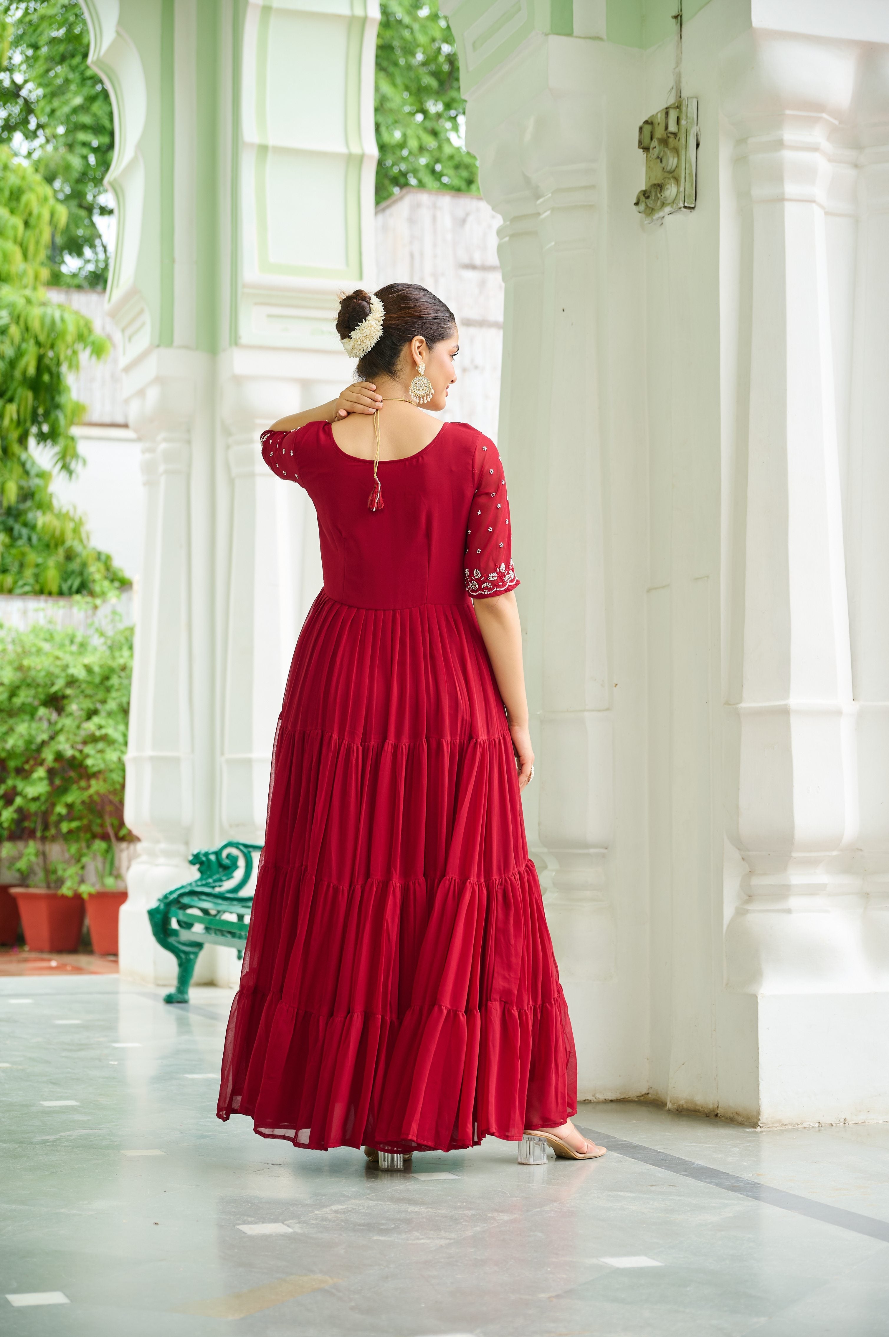 Jyoti Fashion Maroon Faux Blooming Beads Embroidered Anarkali Set
