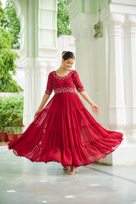 Jyoti Fashion Maroon Faux Blooming Beads Embroidered Anarkali Set