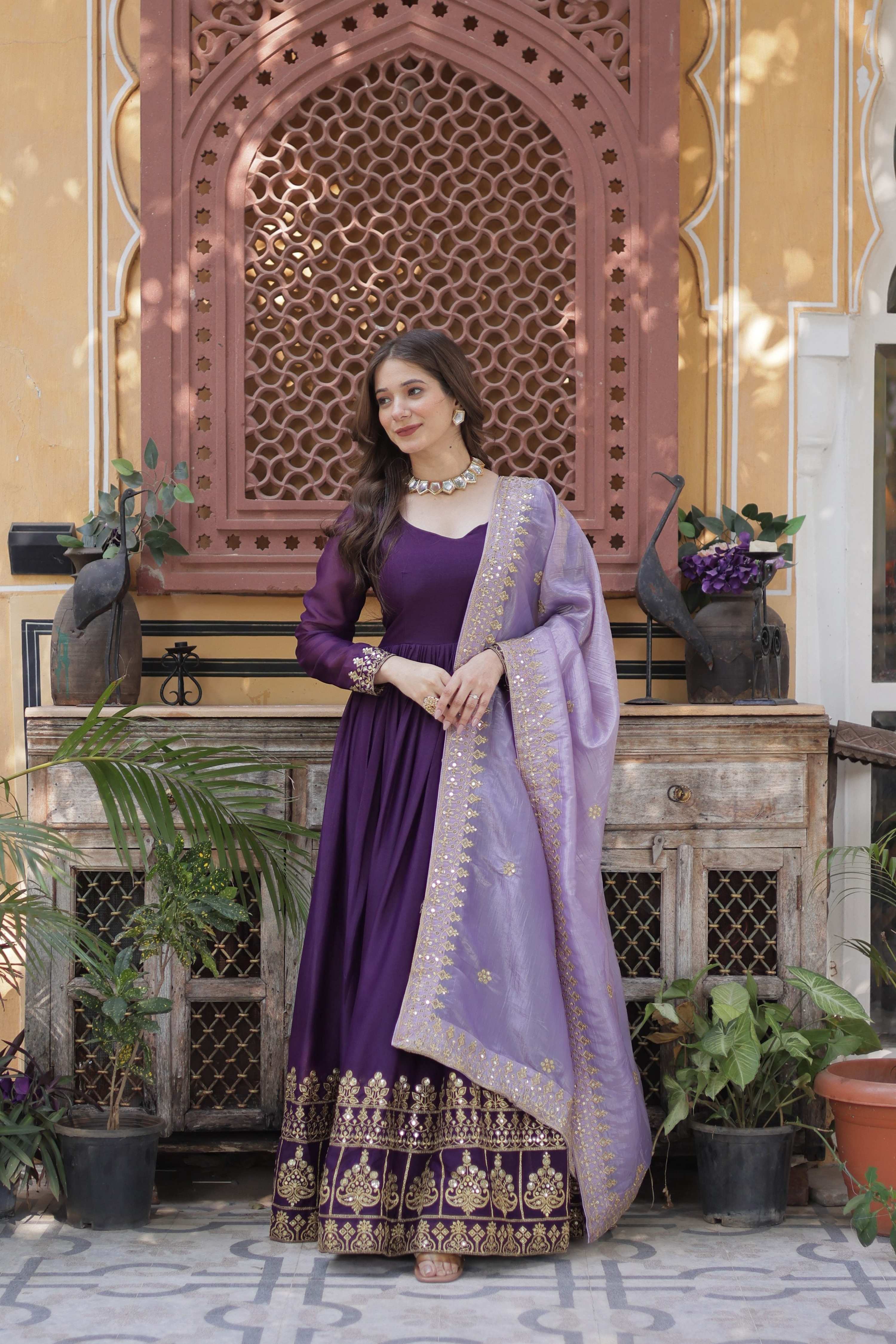 Jyoti Fashion Purple Star Georgette Embroidered Anarkali Set with Dupatta