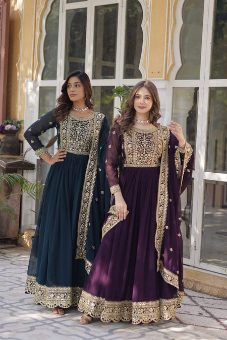 Jyoti Fashion Rama & Wine Faux Blooming Embroidered Combo Anarkali Set with Dupatta