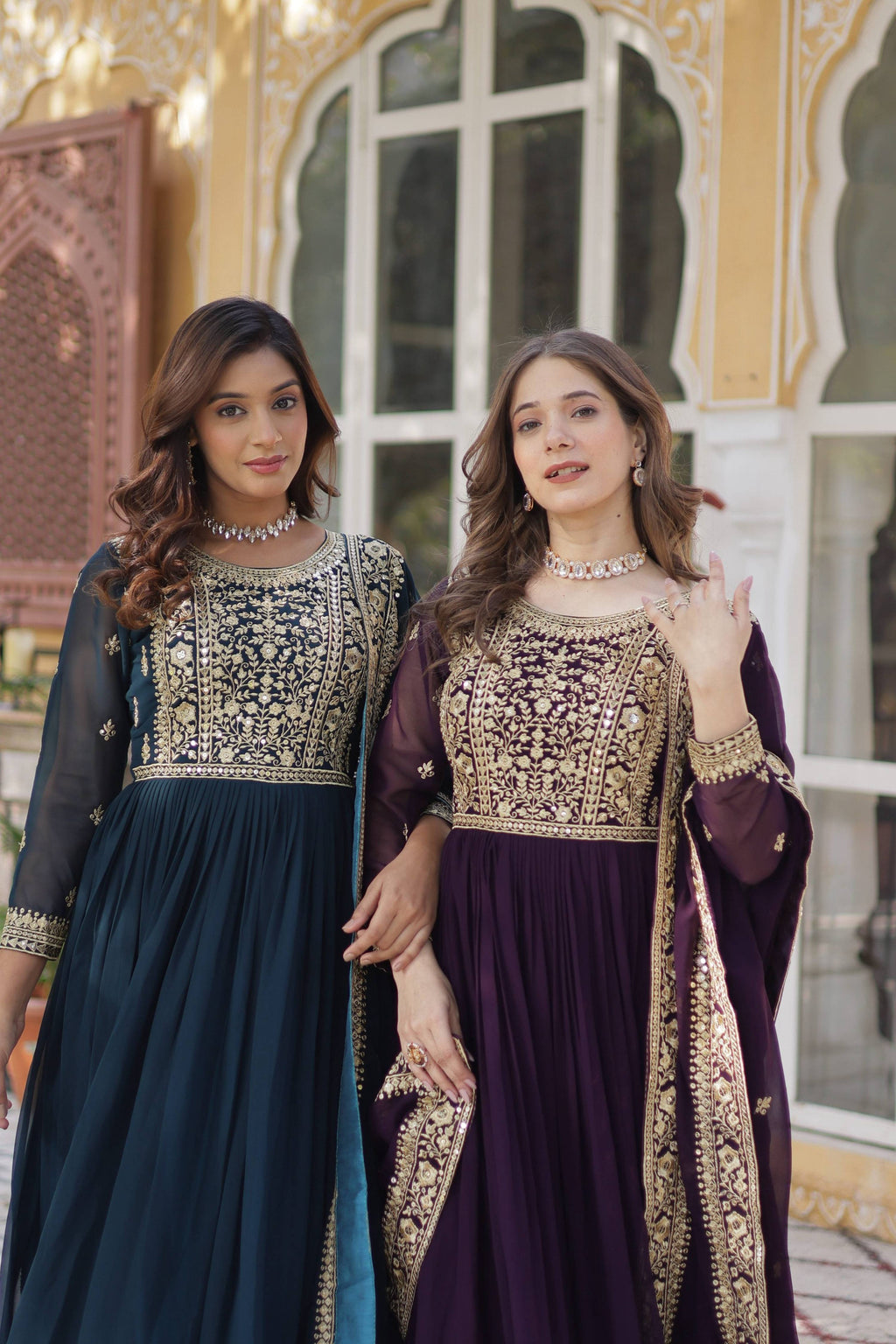 Jyoti Fashion Rama & Wine Faux Blooming Embroidered Combo Anarkali Set with Dupatta