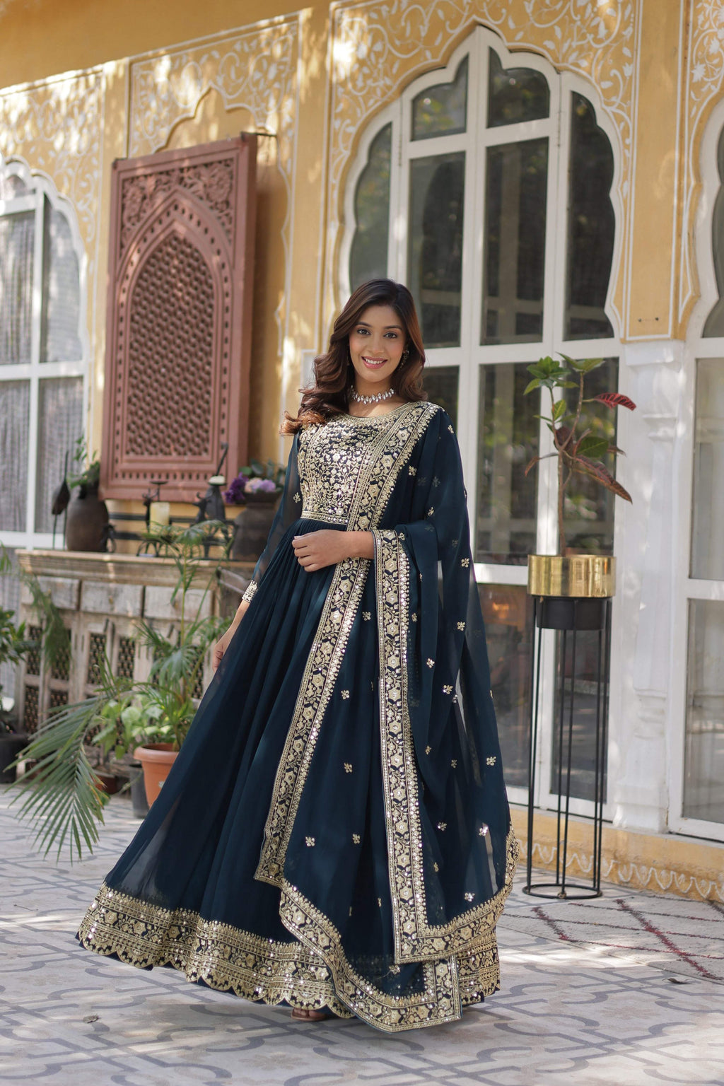 Jyoti Fashion Rama Faux Blooming Embroidered Anarkali Set with Dupatta