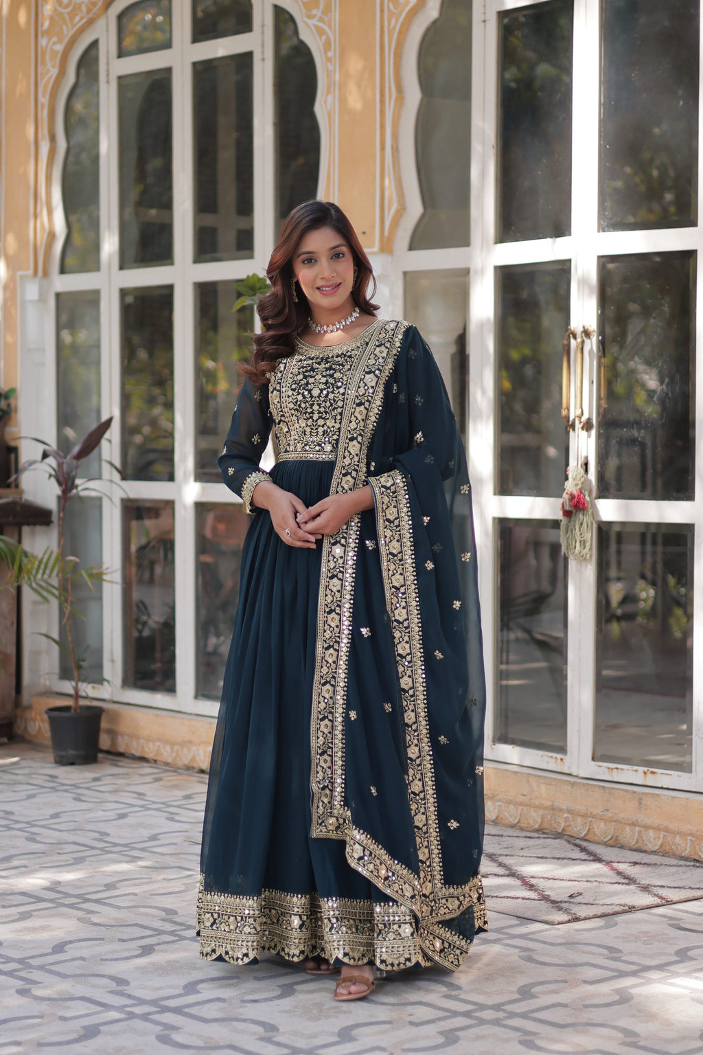 Jyoti Fashion Rama Faux Blooming Embroidered Anarkali Set with Dupatta