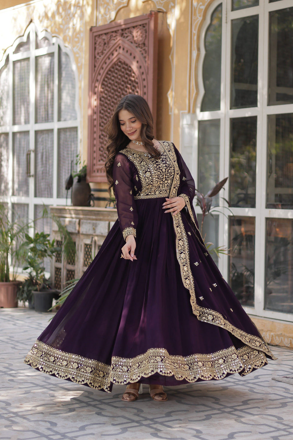 Jyoti Fashion Wine Faux Blooming Embroidered Anarkali Set with Dupatta