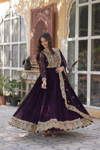 Jyoti Fashion Wine Faux Blooming Embroidered Anarkali Set with Dupatta