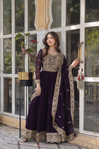 Jyoti Fashion Wine Faux Blooming Embroidered Anarkali Set with Dupatta
