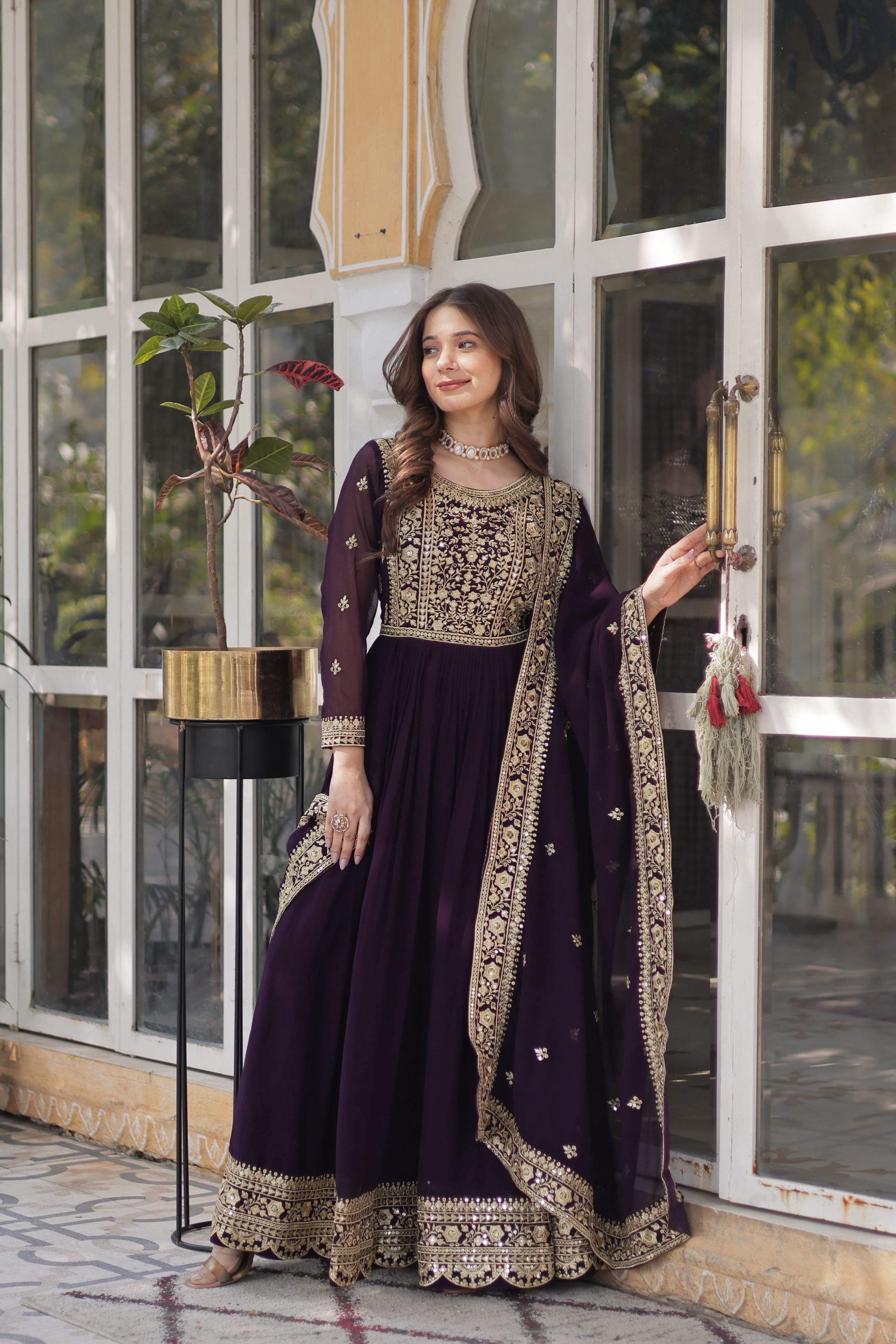 Jyoti Fashion Wine Faux Blooming Embroidered Anarkali Set with Dupatta