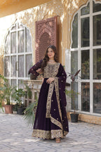 Jyoti Fashion Wine Faux Blooming Embroidered Anarkali Set with Dupatta